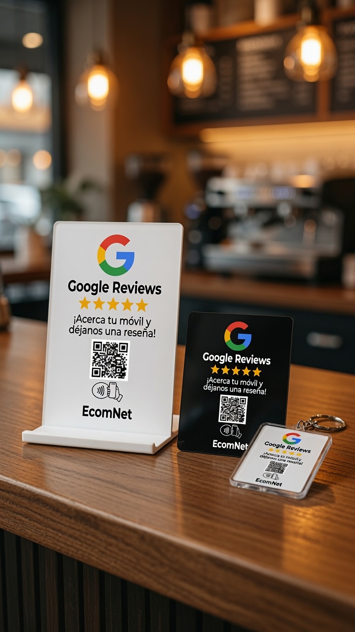 Pack de reseñas EcomNet — stand, placa y llavero con Google Reviews sobre la barra de un negocio
