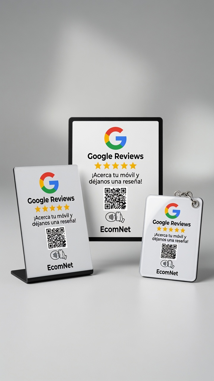 Expositor de reseñas EcomNet con Google Reviews, llavero y placa NFC
